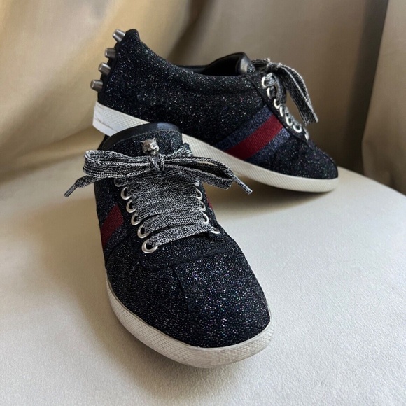 Authenticated Gucci Bambi Web Glitter Stud Black Silver Sneaker Size 36 - Picture 1 of 11